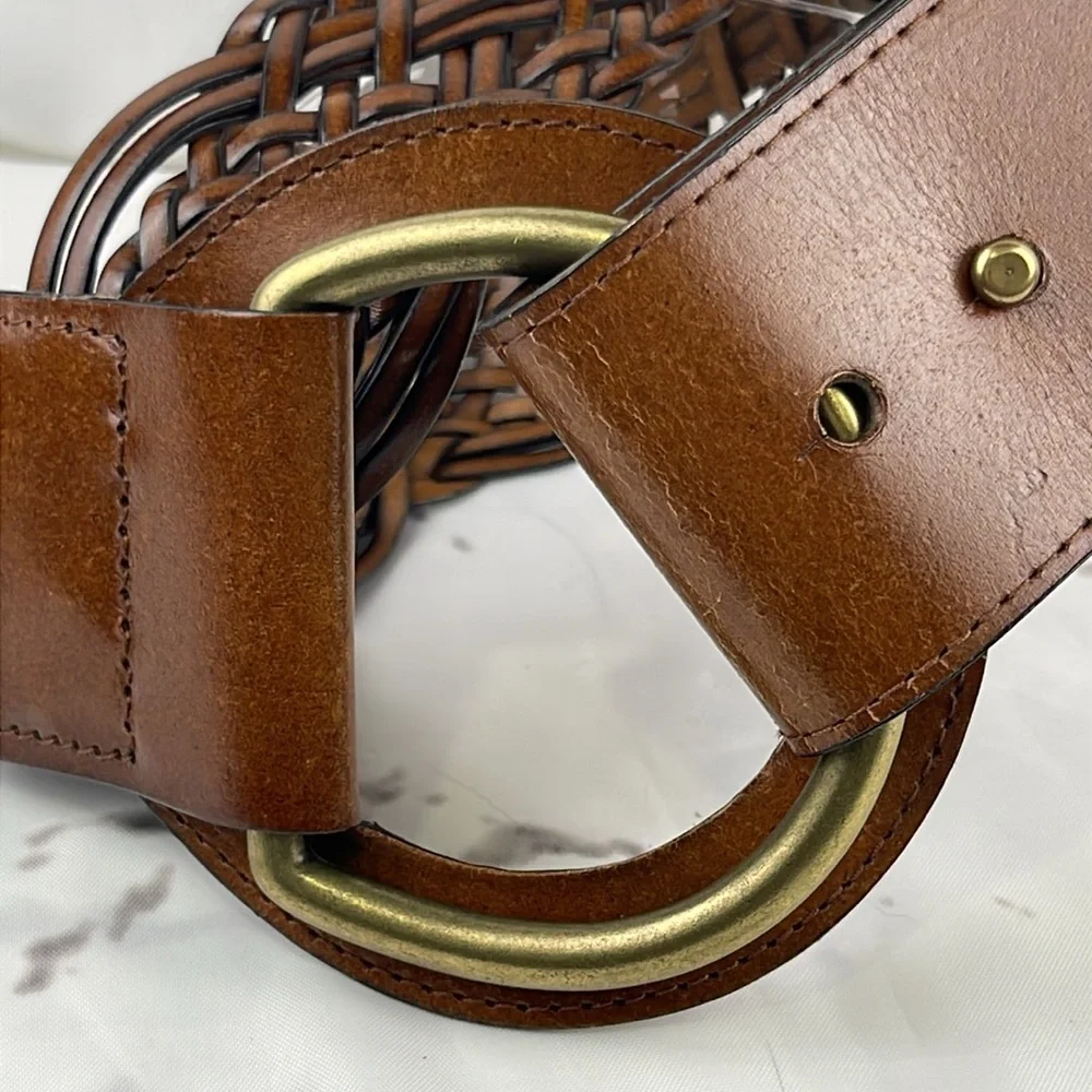 Woven Bonded Leather Wide Belt Large Brass Buckle Adjustable Celtic Knot Weave - Picture 2 of 8